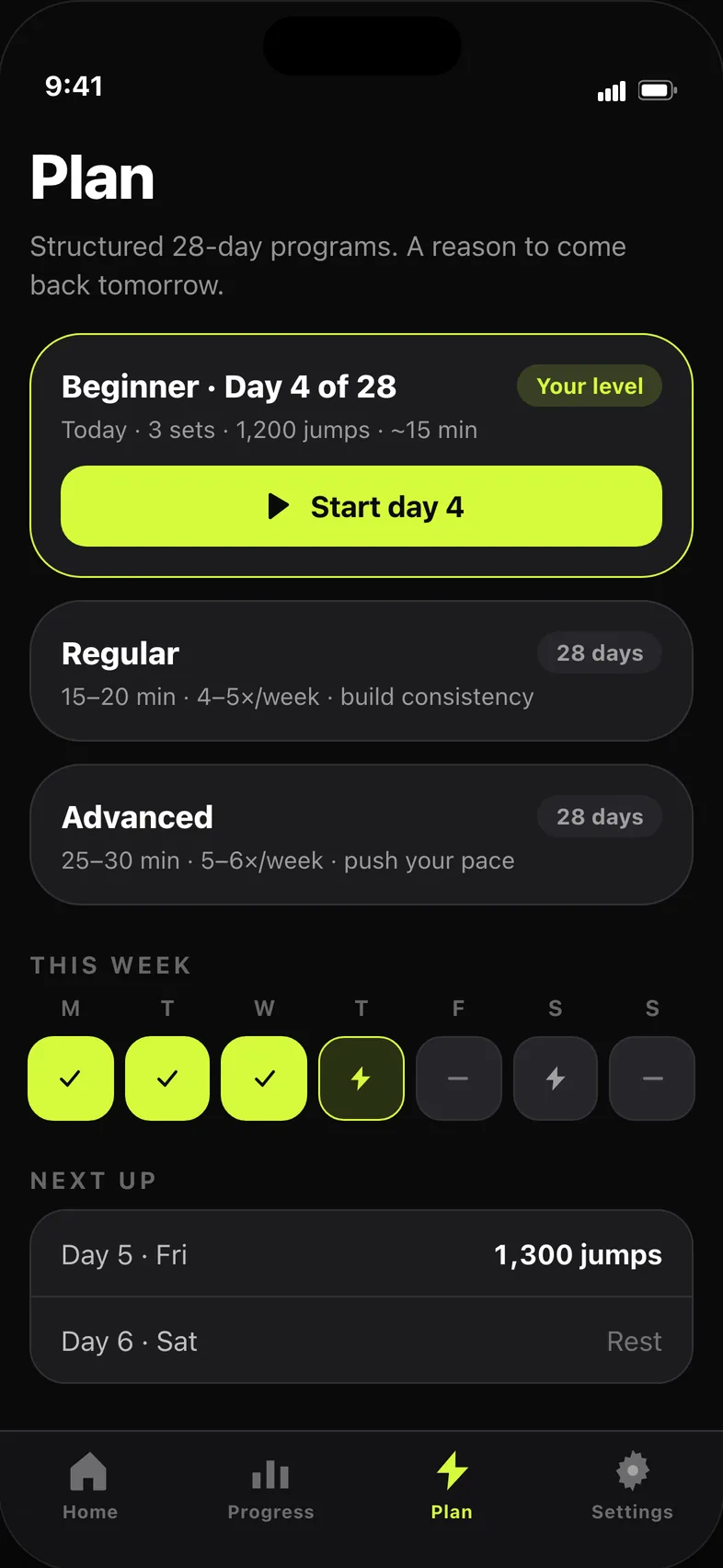 The Plan screen: a 28-day Beginner program on day 4, with this week's sessions and what's next.