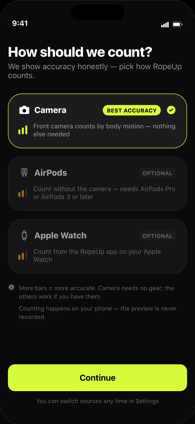 The “How should we count?” screen: Camera picked as best accuracy, with AirPods and Apple Watch offered as optional alternatives.