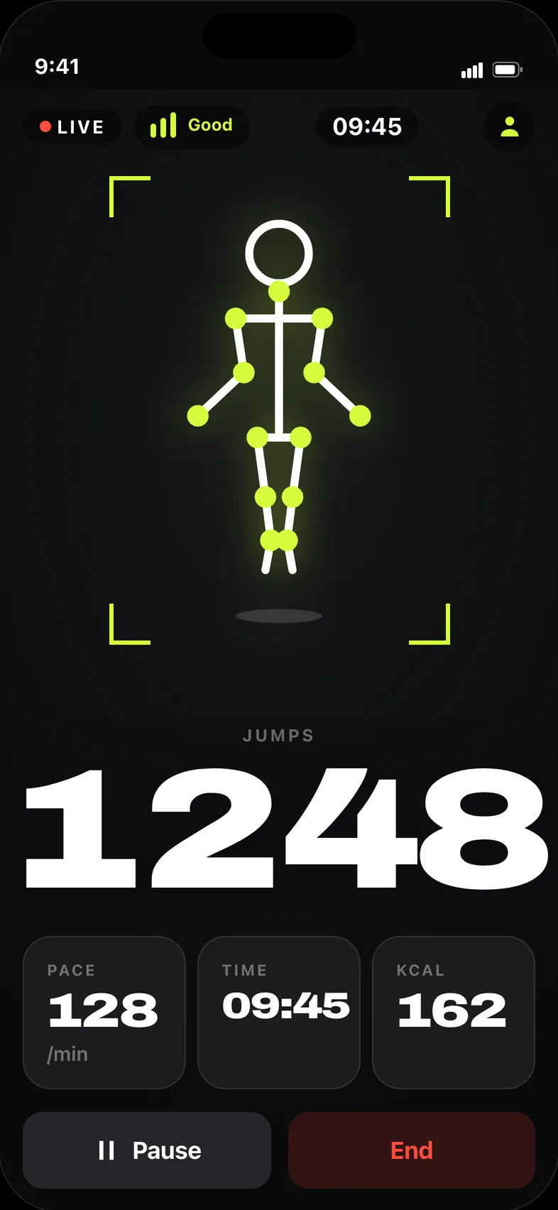 The live workout screen: a white-and-volt pose skeleton drawn over the camera feed, with the running jump count beneath it.